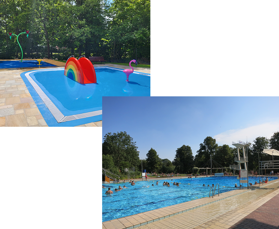 Kinderplanschbecken im Freibad Bürgerpark mit buntem Regenbogen-Wasserspiel und Flamingo-Figur  Belebtes Schwimmbecken im Freibad Bürgerpark mit Badegästen, Sprungturm und parkähnlicher Umgebung