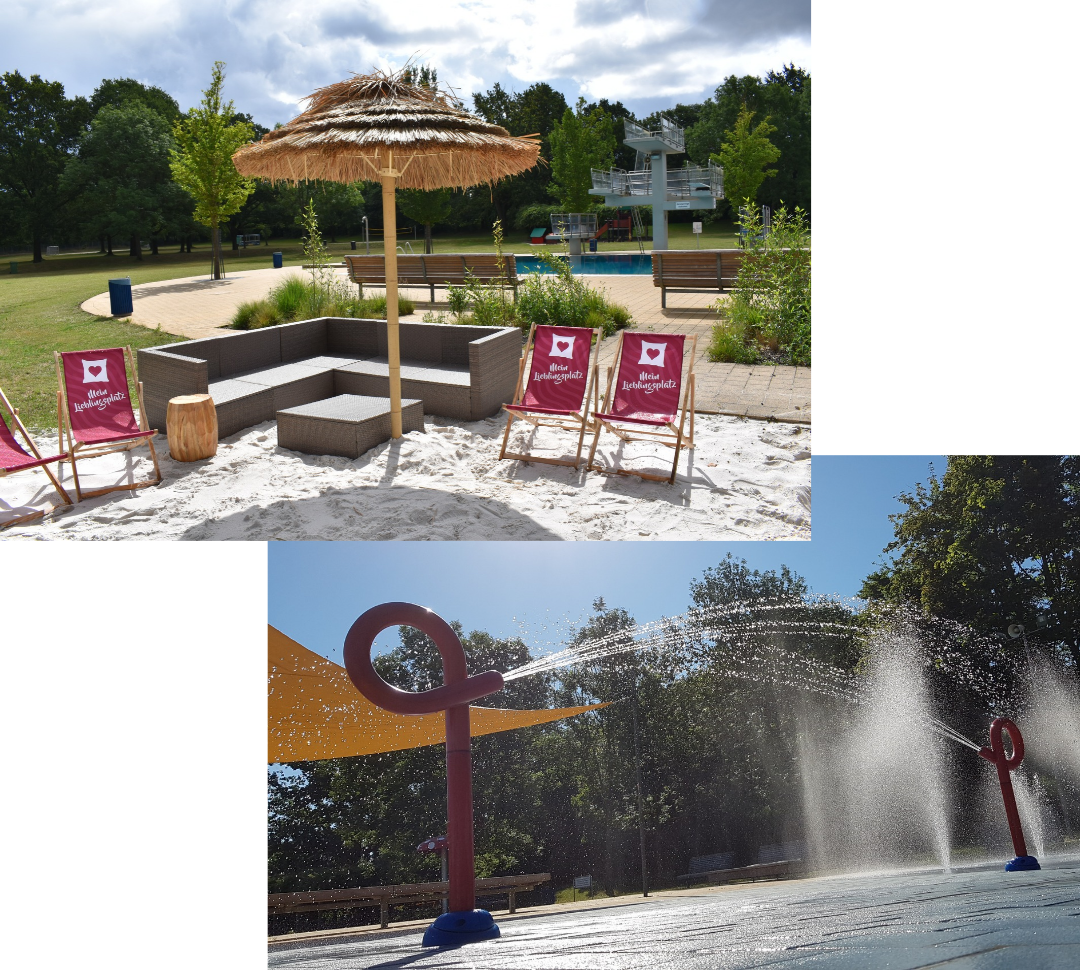 Eingangsbereich des Freibads Raffteich mit überdachtem Zugang, Infotafel und Fahrradständern. Großes Schwimmbecken im Freibad Raffteich mit Sprungturm, Tribüne und weitläufiger Grünanlage