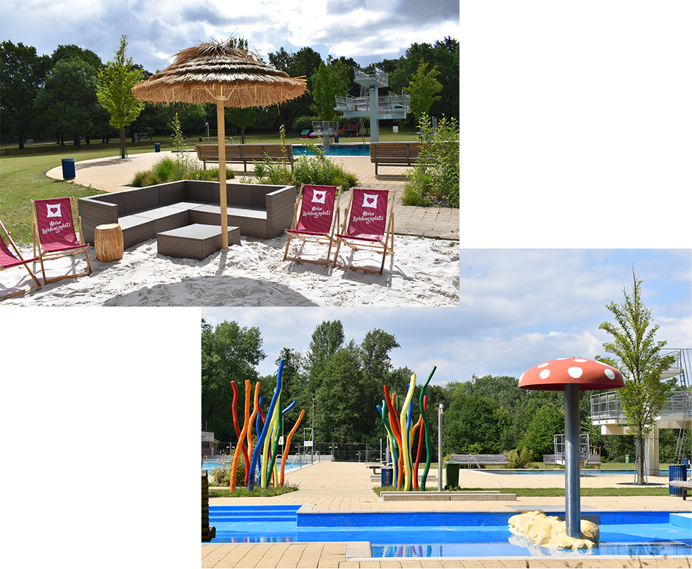 Eingangsbereich des Freibads Raffteich mit überdachtem Zugang, Infotafel und Fahrradständern. Großes Schwimmbecken im Freibad Raffteich mit Sprungturm, Tribüne und weitläufiger Grünanlage