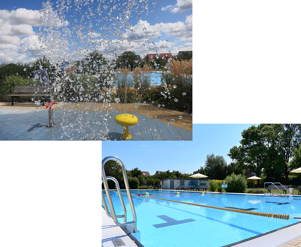 Wasserspielbereich im Freibad Waggum mit spritzenden Fontänen und naturnaher Bepflanzung. Schwimmbecken im Freibad Waggum mit Einstiegsleiter, Bahnmarkierung und sonniger Grünanlage