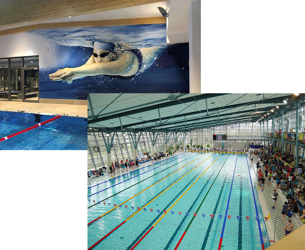 Wandgemälde eines Schwimmers im Sportbad Heidberg neben dem Schwimmbecken mit moderner Holzdeckenarchitektur. Großes Wettkampfbecken im Sportbad Heidberg mit mehreren Bahnen, Tribünenbereich und Glasfassade