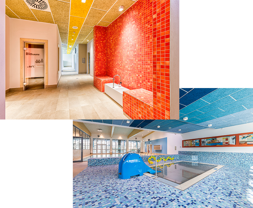 Heller Saunaflur im Sportbad Heidberg mit roter Mosaikwand, Sitzbank und Zugang zur Biosauna. Kinderbereich im Sportbad Heidberg mit flachem Becken, Wasserspielgerät und blauer Mosaikgestaltung